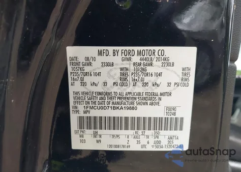 2011 Ford Escape Xlt из США, поврежденный, VIN 1FMCU0D71BKA19880